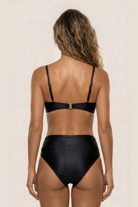 Costum de baie dama 2 piese Black Shine cu talie inalta si detaliu metalic Y9125 negru sidef [4]