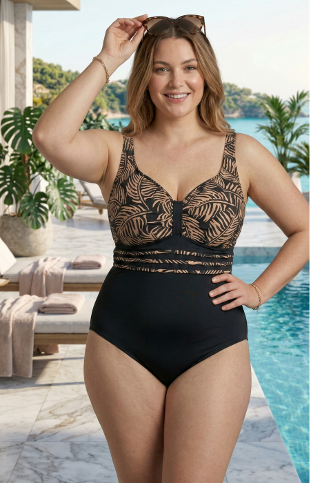 Costum de Baie Intreg cu Efect Modelator si Imprimeu Tropical, Negru/crem LM080 [3]