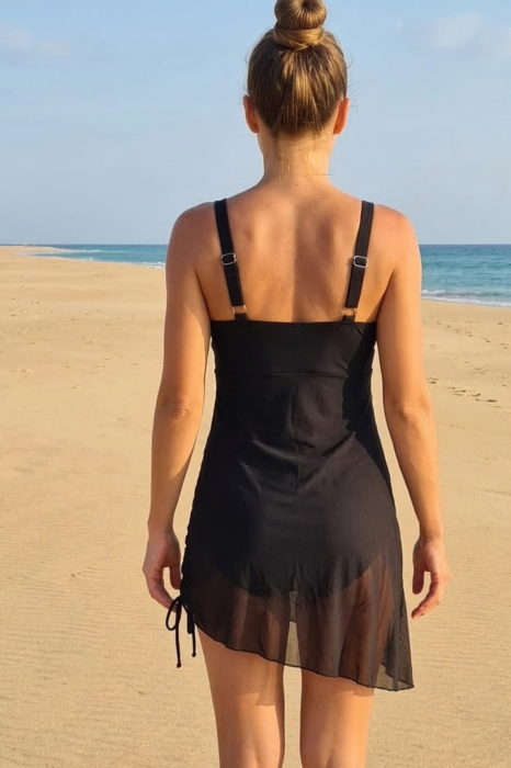 Costum de baie intreg cu rochita integrata, Negru cu bust modelator si snur lateral Y9225 [5]