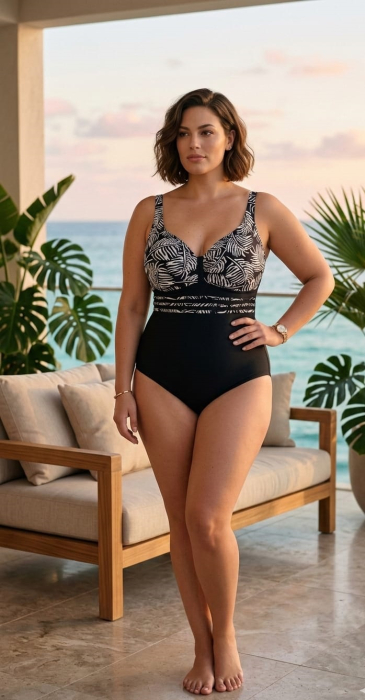 Costum de Baie Intreg cu Efect Modelator si Imprimeu Tropical, Negru/alb LM080 [3]