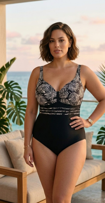 Costum de Baie Intreg cu Efect Modelator si Imprimeu Tropical, Negru/alb LM080 [2]