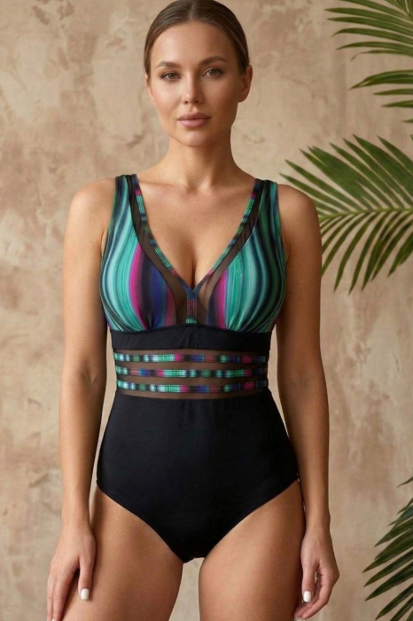 Costum de baie intreg modelator cu imprimeu tropical si insertii transparente multicolor 22774 [2]