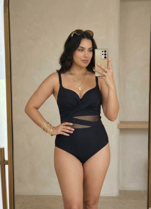 Costum de Baie Intreg Modelator Negru, cu Insertii de Plasa Transparenta w143 [3]