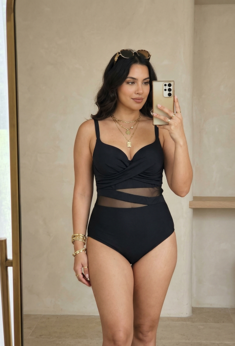 Costum de Baie Intreg Modelator Negru, cu Insertii de Plasa Transparenta w143 [5]