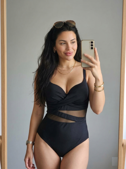 Costum de Baie Intreg Modelator Negru, cu Insertii de Plasa Transparenta w143 [7]