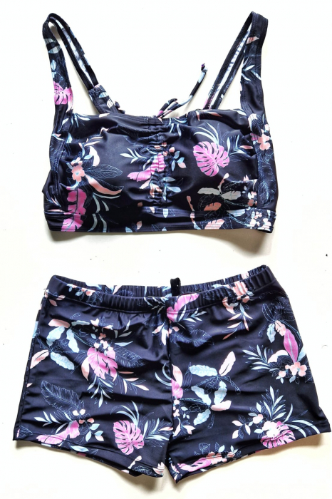 Costum de baie marime mare, cu slipi tip pantaloni scurti, sutien bustiera, floral, negru, Carla, embody.ro [2]