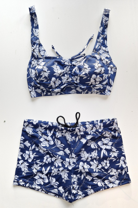 Costum de baie marime mare, cu slipi tip pantaloni scurti, sutien bustiera, albastru inchis, Amira, embody.ro [2]