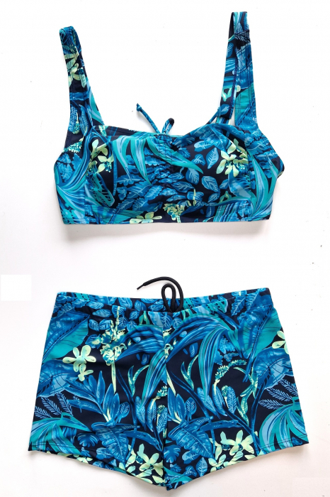 Costum de baie marime mare, cu slipi tip pantaloni scurti, sutien bustiera, albastru turcoaz, Amira, embody.ro [2]