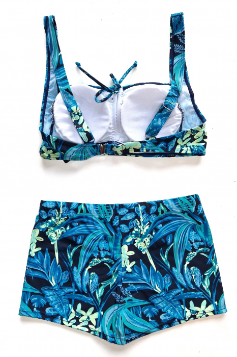 Costum de baie marime mare, cu slipi tip pantaloni scurti, sutien bustiera, albastru turcoaz, Amira, embody.ro [3]