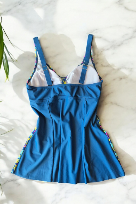 Costum de baie marime mare tip tankini, doua piese, fusta si pantaloni scurti, floral, albastru, embody.ro [3]