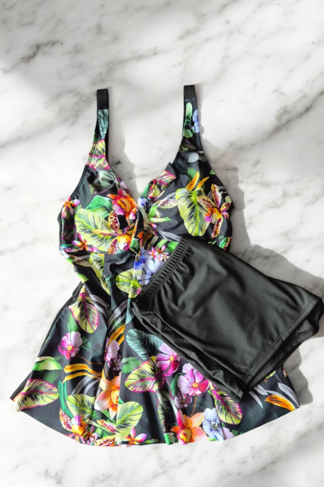 Costum de baie marime mare tip tankini, doua piese, fusta si pantaloni scurti, floral, albastru, embody.ro [2]