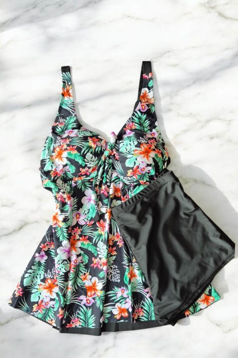 Costum de baie marime mare tip tankini, doua piese, fusta si pantaloni scurti, floral, albastru, embody.ro [2]