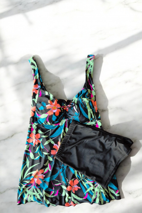 Costum de baie marime mare tip tankini, doua piese, fusta si pantaloni scurti, embody.ro [2]