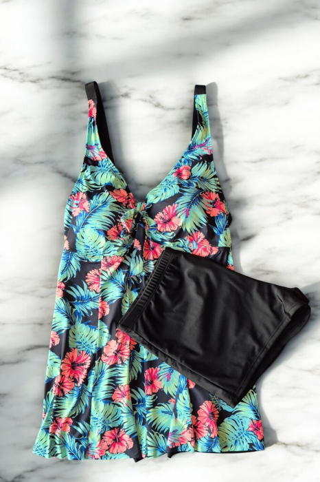 Costum de baie marime mare tip tankini, doua piese, fusta si pantaloni scurti, floral, embody.ro [2]