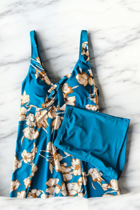 Costum de baie marime mare tip tankini, doua piese, fusta si pantaloni scurti, floral, embody.ro [2]