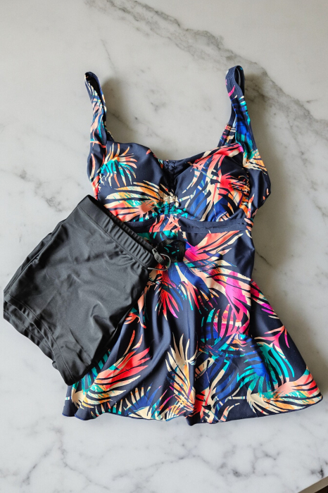 Costum de baie marime mare tip tankini, doua piese, fusta si pantaloni scurti, albastru, Blue Palms embody.ro [3]