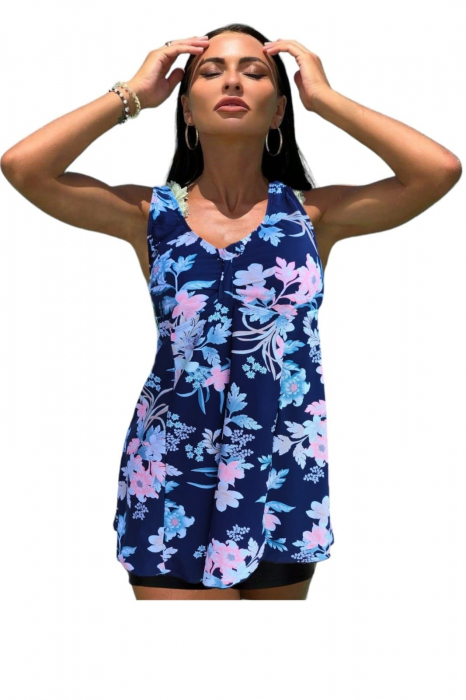 Costum de baie marime mare tip tankini, doua piese, fusta si pantaloni scurti, albastru, Breeze, embody.ro [6]