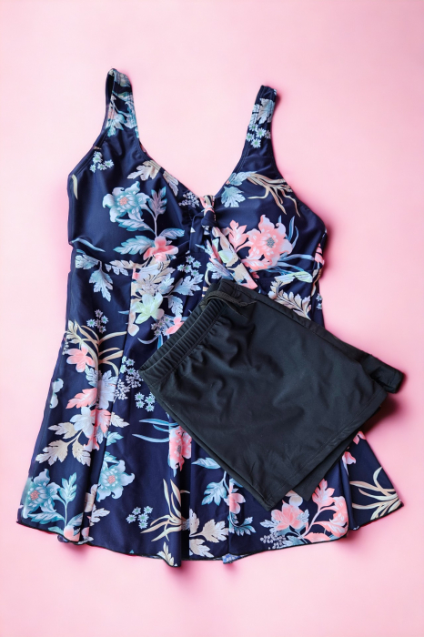 Costum de baie marime mare tip tankini, doua piese, fusta si pantaloni scurti, albastru, Breeze, embody.ro [2]