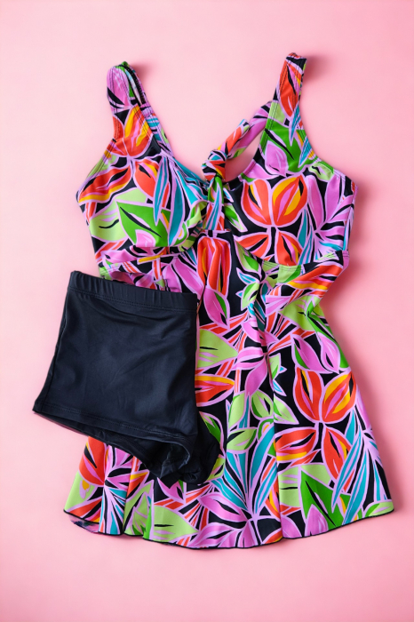 Costum de baie marime mare tip tankini, doua piese, fusta si pantaloni scurti, multicolor, Bamboo, embody.ro [2]