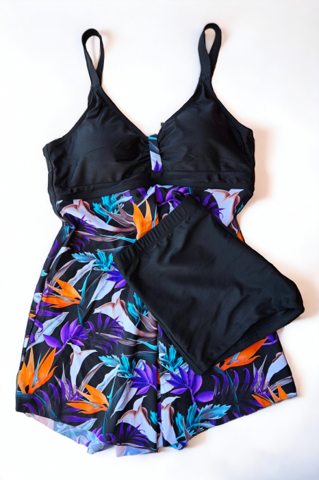 Costum de baie marime mare tip tankini, doua piese, fusta si pantaloni scurti, floral, mov, embody.ro [2]