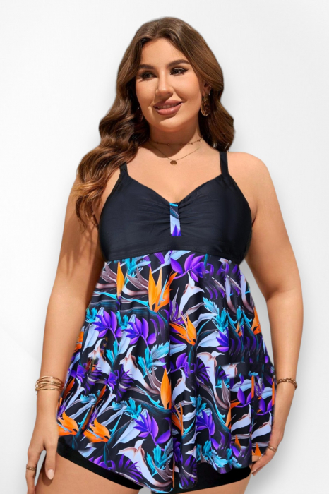 Costum de baie marime mare tip tankini, doua piese, fusta si pantaloni scurti, floral, mov, embody.ro [5]