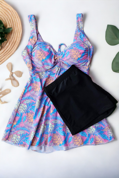 Costum de baie marime mare tip tankini, doua piese, fusta si pantaloni scurti, albastru, Ocean palms, embody.ro [2]