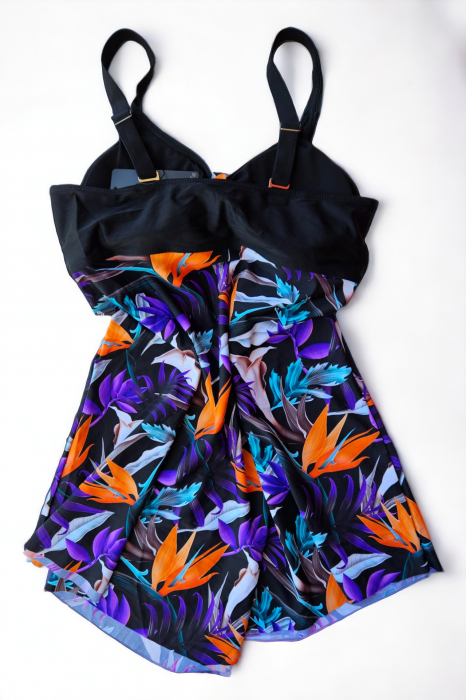 Costum de baie marime mare tip tankini, doua piese, fusta si pantaloni scurti, floral, mov, embody.ro [3]