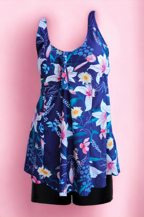 Costum de baie marime mare tip tankini, doua piese, fusta si pantaloni scurti, albastru, exotic vibe, embody.ro [2]