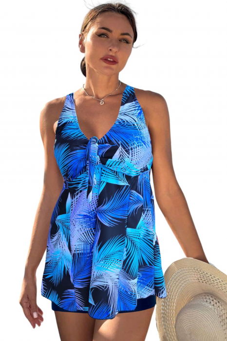 Costum de baie marime mare tip tankini, doua piese, fusta si pantaloni scurti, albastru, Del Mar, embody.ro [2]
