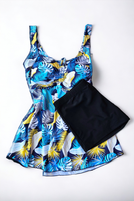 Costum de baie marime mare tip tankini, doua piese, fusta si pantaloni scurti, albastru, Sunny palms, embody.ro [2]