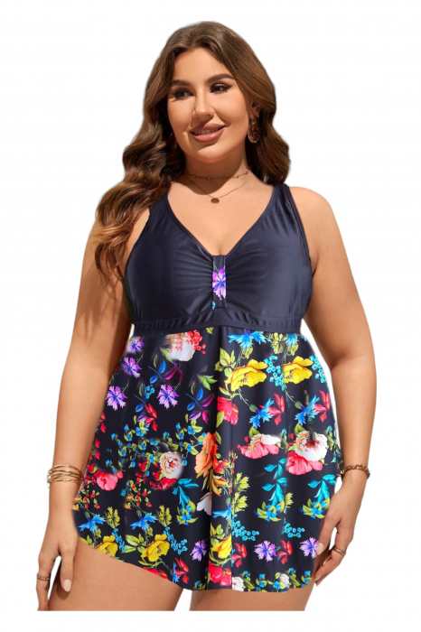 Costum de baie marime mare tip tankini, doua piese, fusta si pantaloni scurti, multicolor, Tropical flower , embody.ro [4]