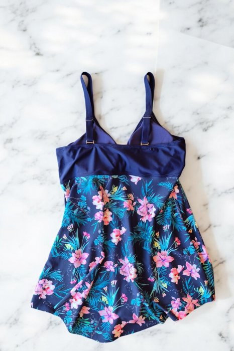 Costum de baie marime mare tip tankini, doua piese, fusta si pantaloni scurti, albastru, Queen , embody.ro [3]