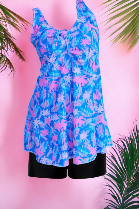 Costum de baie marime mare tip tankini, doua piese, fusta si pantaloni scurti, albastru, Tenerife, embody.ro [2]