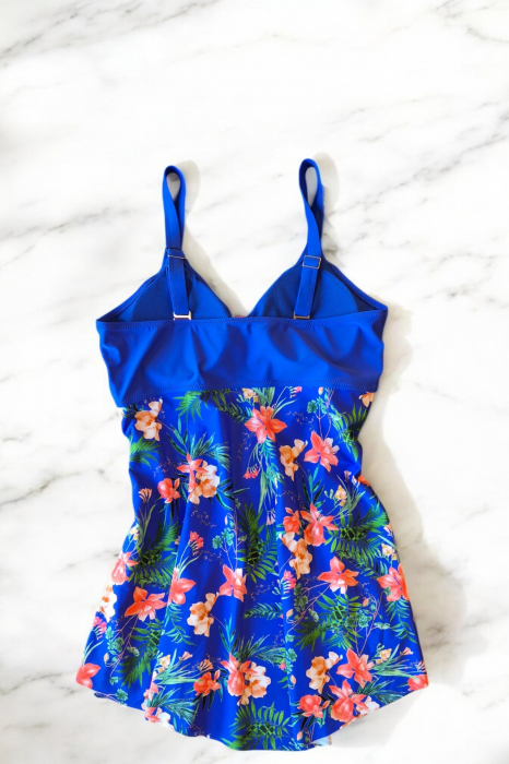 Costum de baie marime mare tip tankini, doua piese, fusta si pantaloni scurti, albastru, embody.ro [3]
