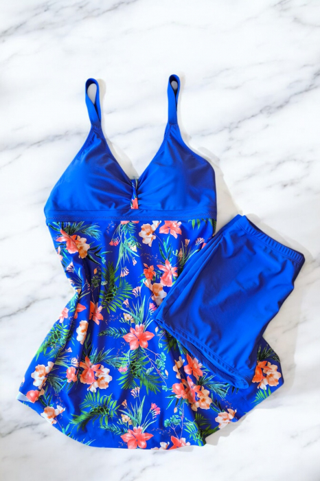 Costum de baie marime mare tip tankini, doua piese, fusta si pantaloni scurti, albastru, embody.ro [2]