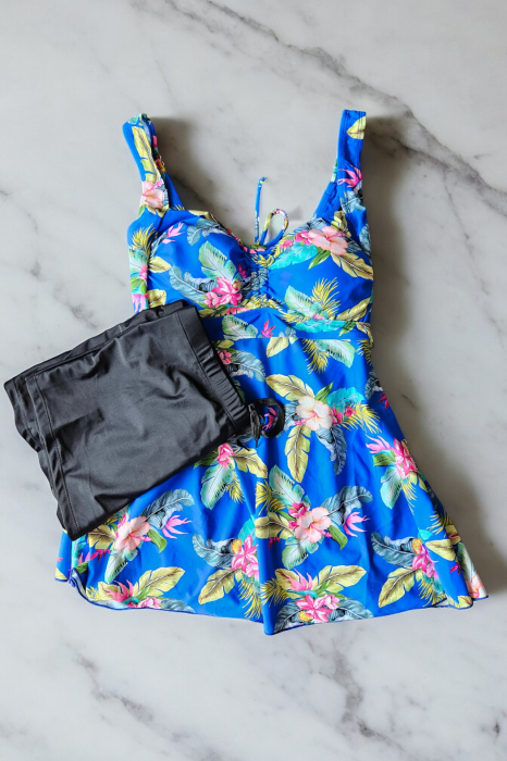 Costum de baie marime mare tip tankini, doua piese, fusta si pantaloni scurti, albastru, Blue Palms embody.ro [3]