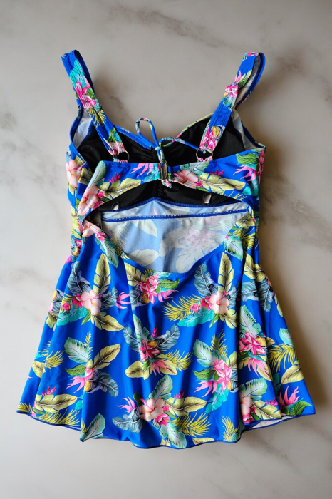 Costum de baie marime mare tip tankini, doua piese, fusta si pantaloni scurti, albastru, Blue Palms embody.ro [2]