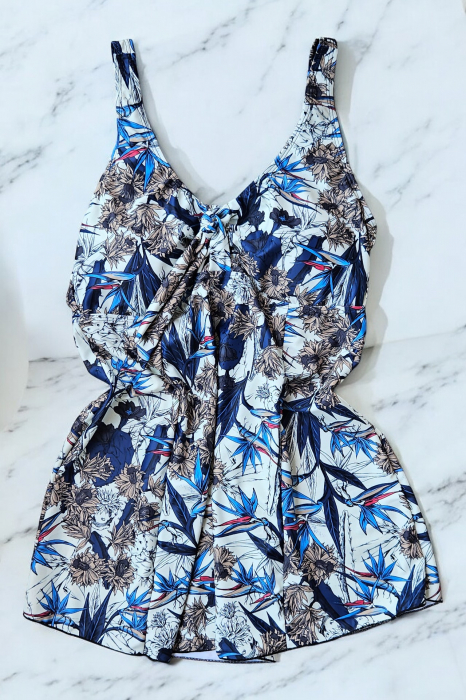 Costum de baie marime mare tip tankini, doua piese, fusta si pantaloni scurti, floral, albastru, embody.ro [4]