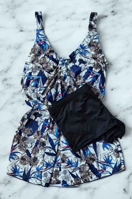 Costum de baie marime mare tip tankini, doua piese, fusta si pantaloni scurti, floral, albastru, embody.ro [2]