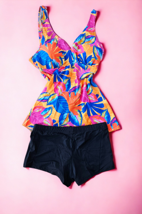 Costum de baie marime mare tip tankini, doua piese, fusta si pantaloni scurti, multicolor, Lisa, embody.ro [2]