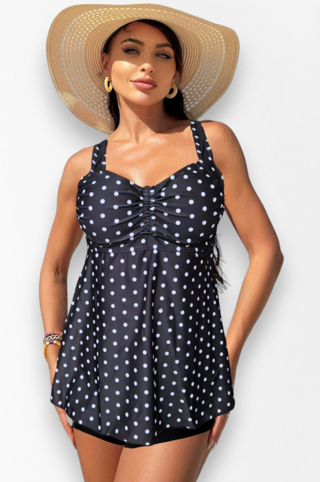 Costum de baie marime mare tip tankini, doua piese, fusta si pantaloni scurti, negru, Dots, embody.ro [4]