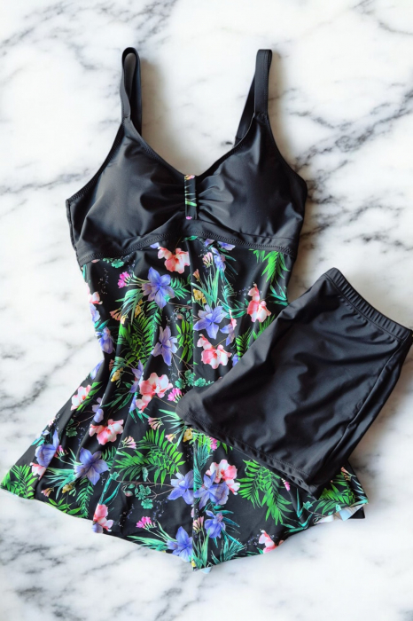 Costum de baie marime mare tip tankini, doua piese, fusta si pantaloni scurti, multicolor, Queen, embody.ro [2]