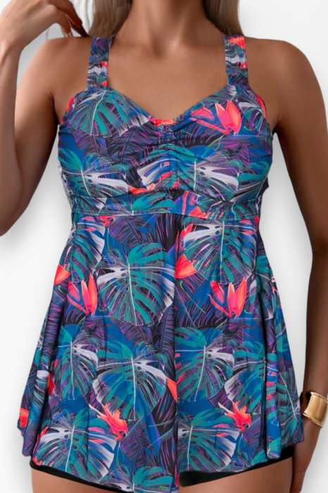 Costum de baie marime mare tip tankini, doua piese, fusta si pantaloni scurti, multicolor, Myra, embody.ro [5]