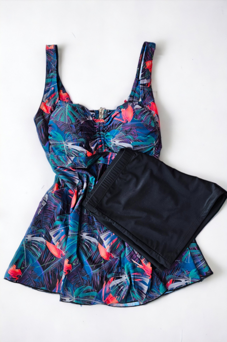 Costum de baie marime mare tip tankini, doua piese, fusta si pantaloni scurti, multicolor, Myra, embody.ro [2]