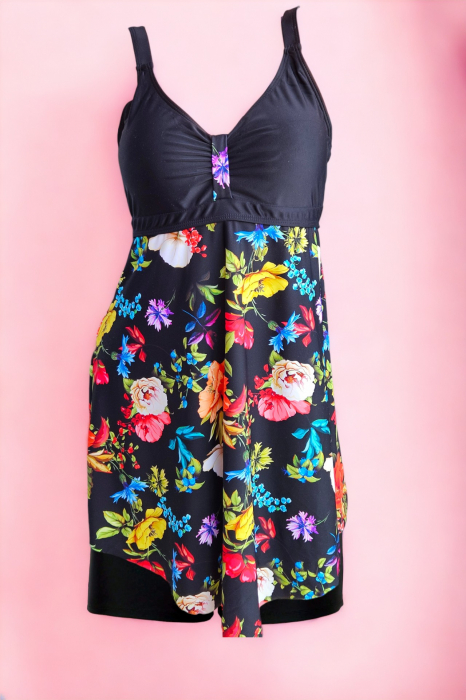 Costum de baie marime mare tip tankini, doua piese, fusta si pantaloni scurti, multicolor, Tropical flower , embody.ro [6]