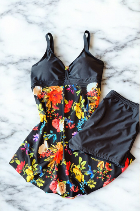 Costum de baie marime mare tip tankini, doua piese, fusta si pantaloni scurti, multicolor, Tropical flower , embody.ro [2]