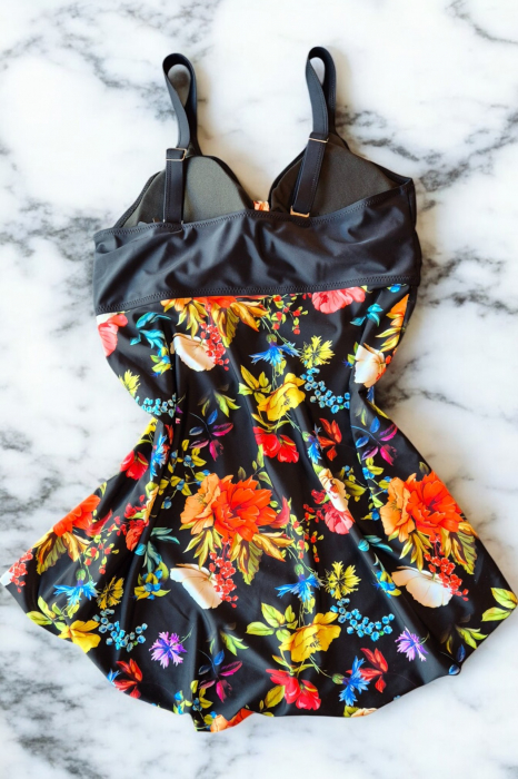 Costum de baie marime mare tip tankini, doua piese, fusta si pantaloni scurti, multicolor, Tropical flower , embody.ro [3]