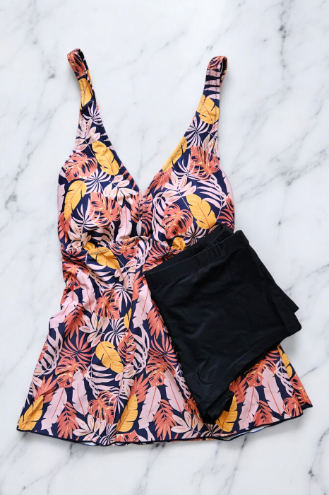 Costum de baie marime mare tip tankini, doua piese, fusta si pantaloni scurti, multicolor, Orange Palmsembody.ro [2]