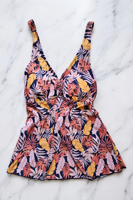 Costum de baie marime mare tip tankini, doua piese, fusta si pantaloni scurti, multicolor, Orange Palmsembody.ro [4]