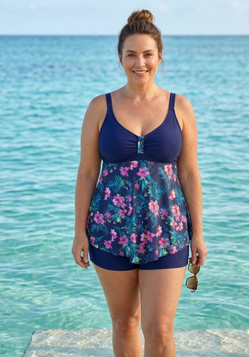 Costum de baie marime mare tip tankini, doua piese, fusta si pantaloni scurti, bleumarin w110 [3]